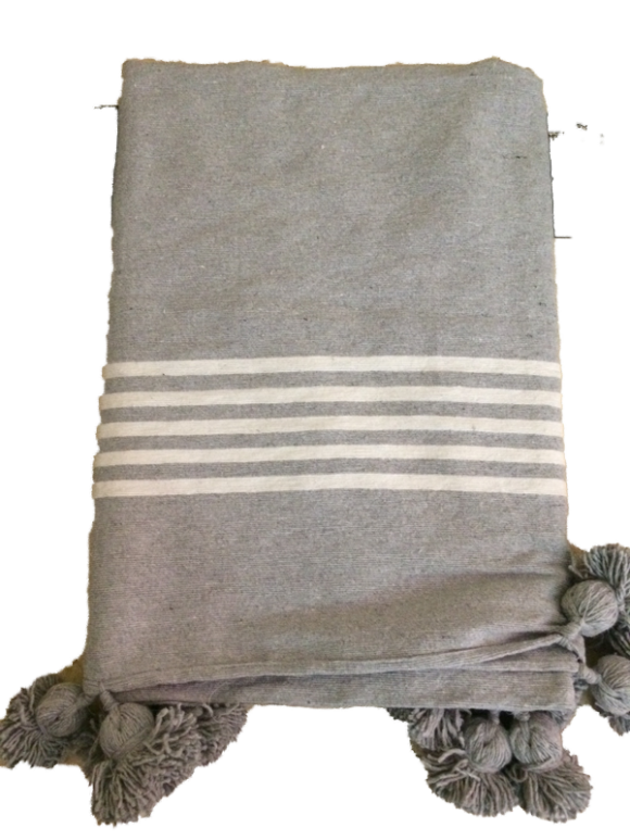 Plaid a Pompons Gris raye Blanc