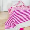 Plaid a Pompons,Blanc Rayé Fushia